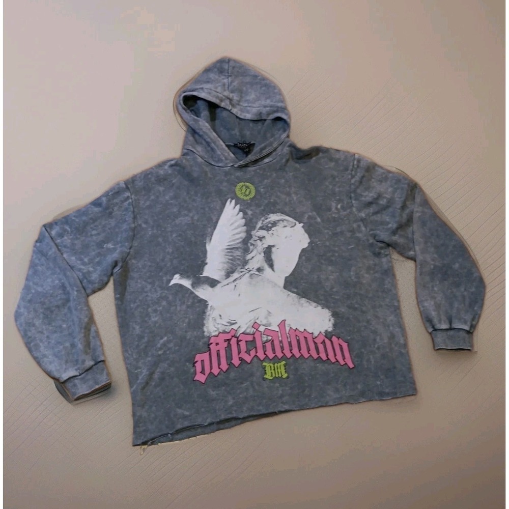 BoohooMAN OfficialMan Gray Sz M oversized boxy acid wash dove graphic hoodie Y2K